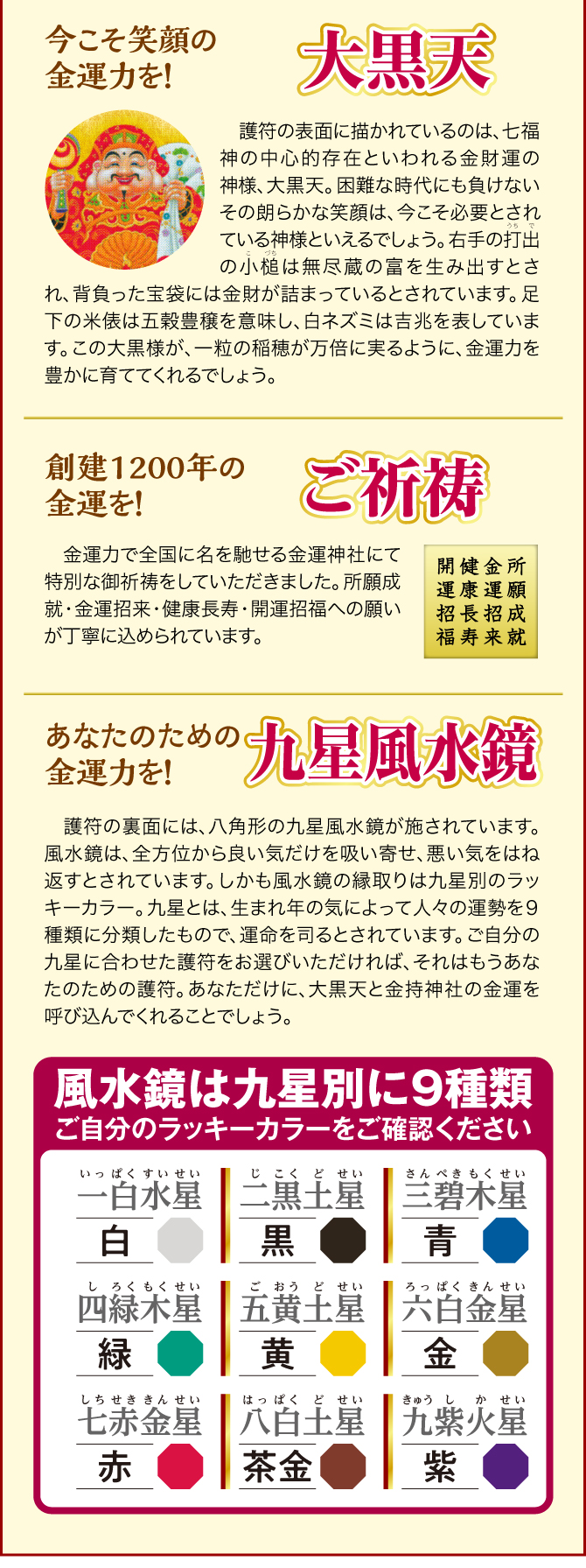 1：大黒天、2：金持神社、3：九星風水鏡