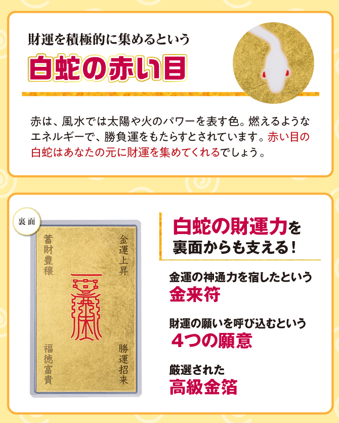 財運を積極的に集めるという白蛇の赤い目