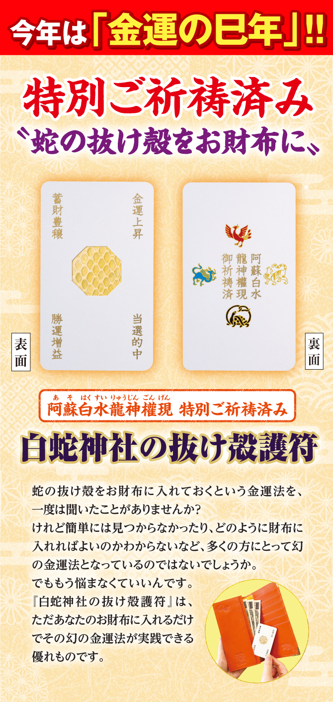 来年は金運の巳年！阿蘇白水龍神權現特別ご祈祷済み「白蛇神社の抜け殻運符」