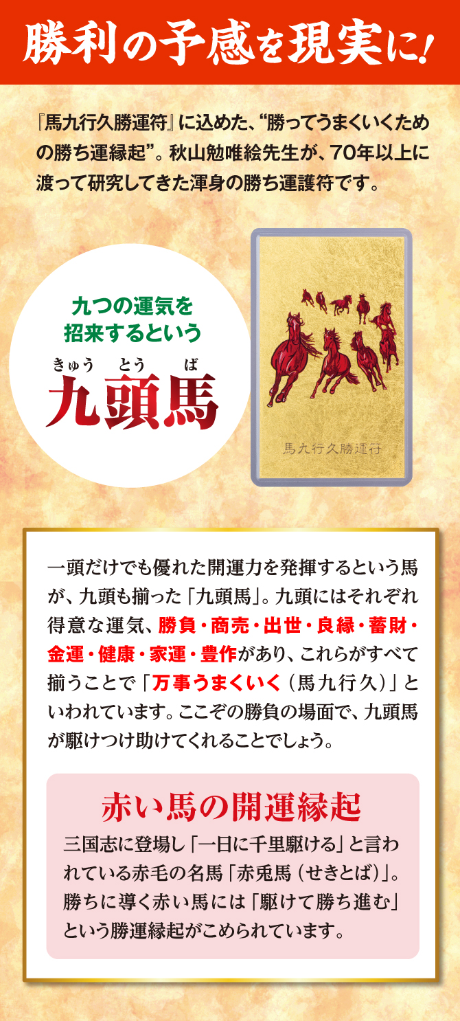 勝利の予感を現実に！九つの運気を招来するという九頭馬。