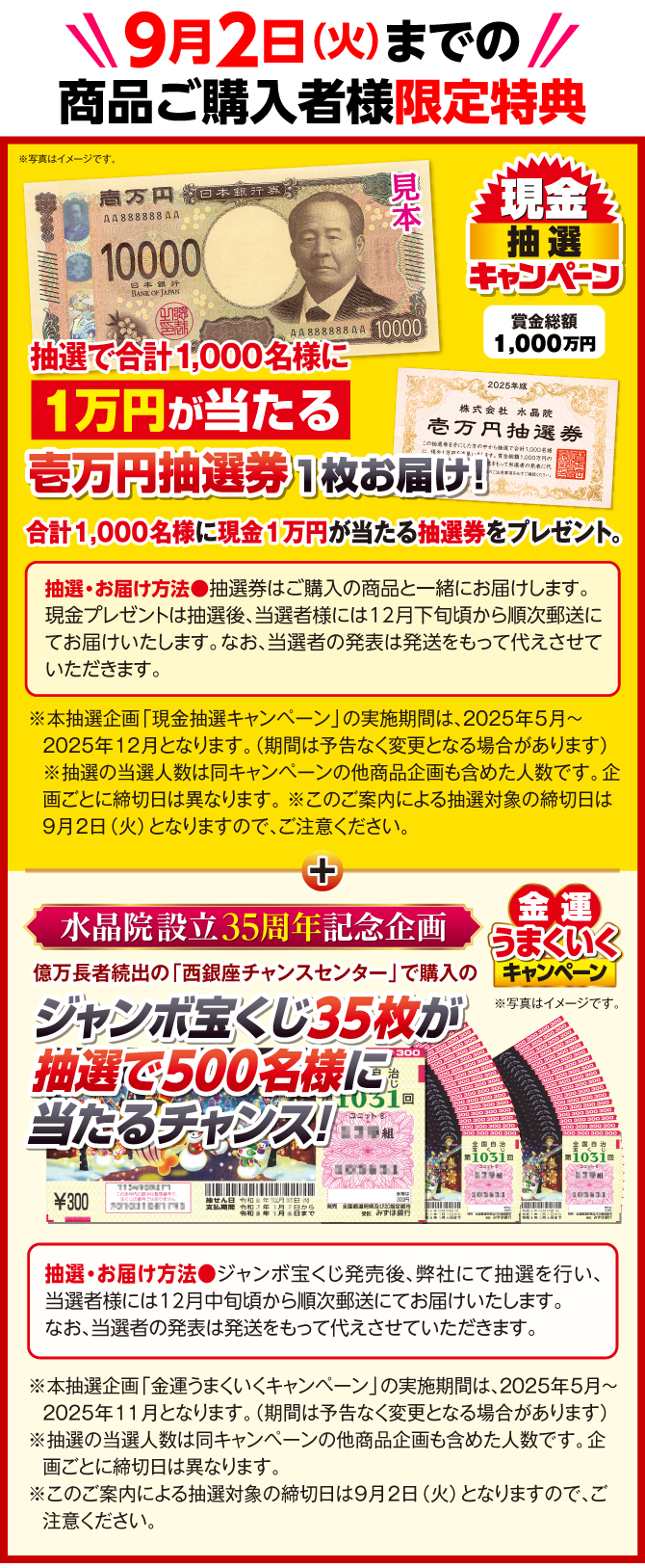 商品ご購入者様限定特典：抽選で合計1000名様に1万円が当たるチャンス！さらに抽選で500名にジャンボ宝くじ35枚が当たるチャンス！