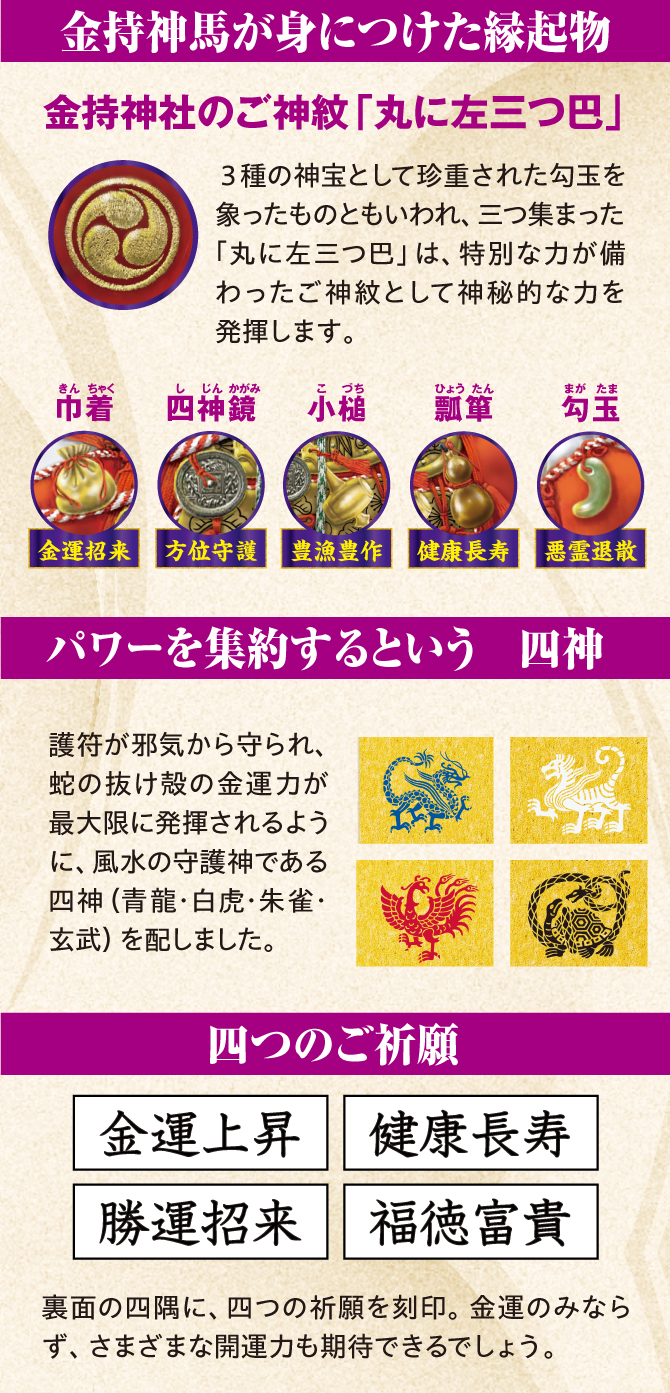 縁起物を身につけた金持神馬、パワーを集約するという四神、四つの祈願