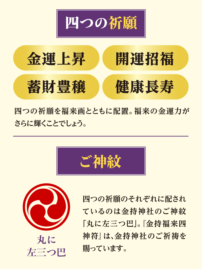 金運上昇、開運招福、蓄財豊穣、健康長寿の願いを護符に