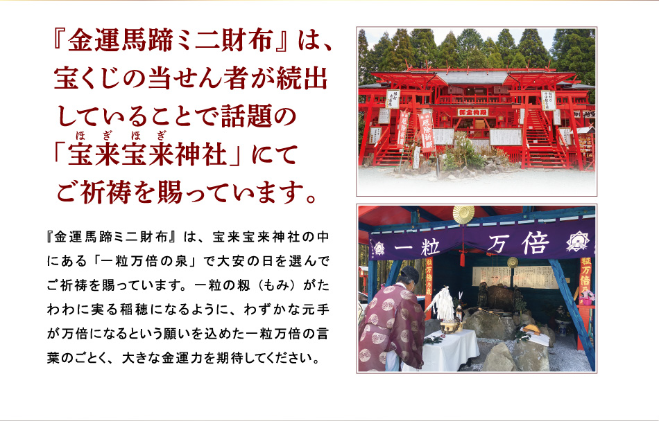 【『金運馬蹄ミ二財布』は、宝くじの当せん者が続出していることで話題の「宝来宝来神社」にてご祈祷を賜っています。】『金運馬蹄ミ二財布』は、宝来宝来神社の中にある「一粒万倍の泉」で大安の日を選んでご祈祷を賜っています。一粒の籾（もみ）がたわわに実る稲穂になるように、わずかな元手が万倍になるという願いを込めた一粒万倍の言葉のごとく、大きな金運力を期待してください。