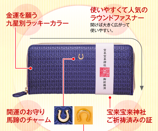 金運を願う九星別ラッキーカラー／使いやすくて人気のL字ファスナー 今人気のL字ファスナータイプ。開けば大きく広がって使いやすい。／開運のお守り馬蹄のチャーム／宝来宝来神社ご祈祷済みの証