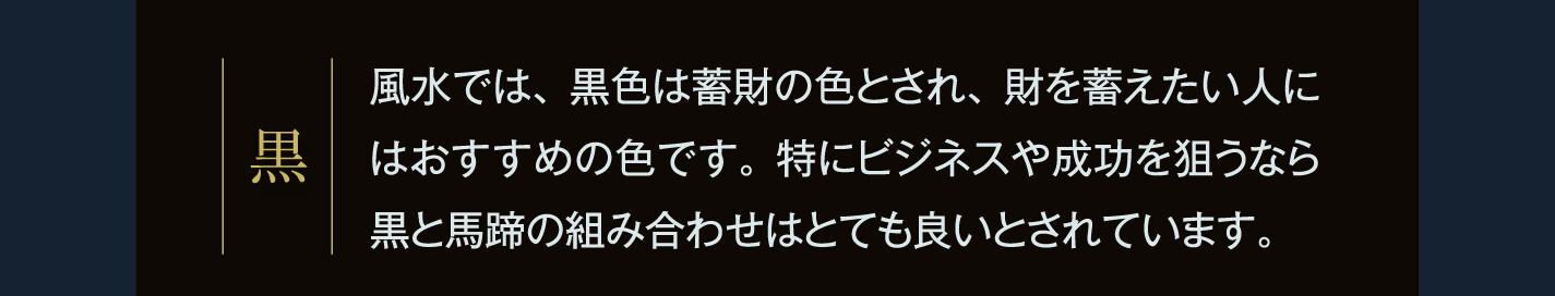 黒 風水では、黒色は蓄財の色とされ、財を蓄えたい人にはおすすめの色です。特にビジネスや成功を狙うなら黒と馬蹄の組み合わせはとても良いとされています。