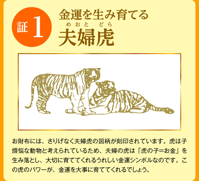 【証1：金運を生み育てる「夫婦虎」】お財布には、さりげなく夫婦虎の図柄が刻印されています。虎は子煩悩な動物と考えられているため、夫婦の虎は「虎の子＝お金」を生み落とし、大切に育ててくれるうれしい金運シンボルなのです。この虎のパワーが、金運を大事に育ててくれるでしょう。
