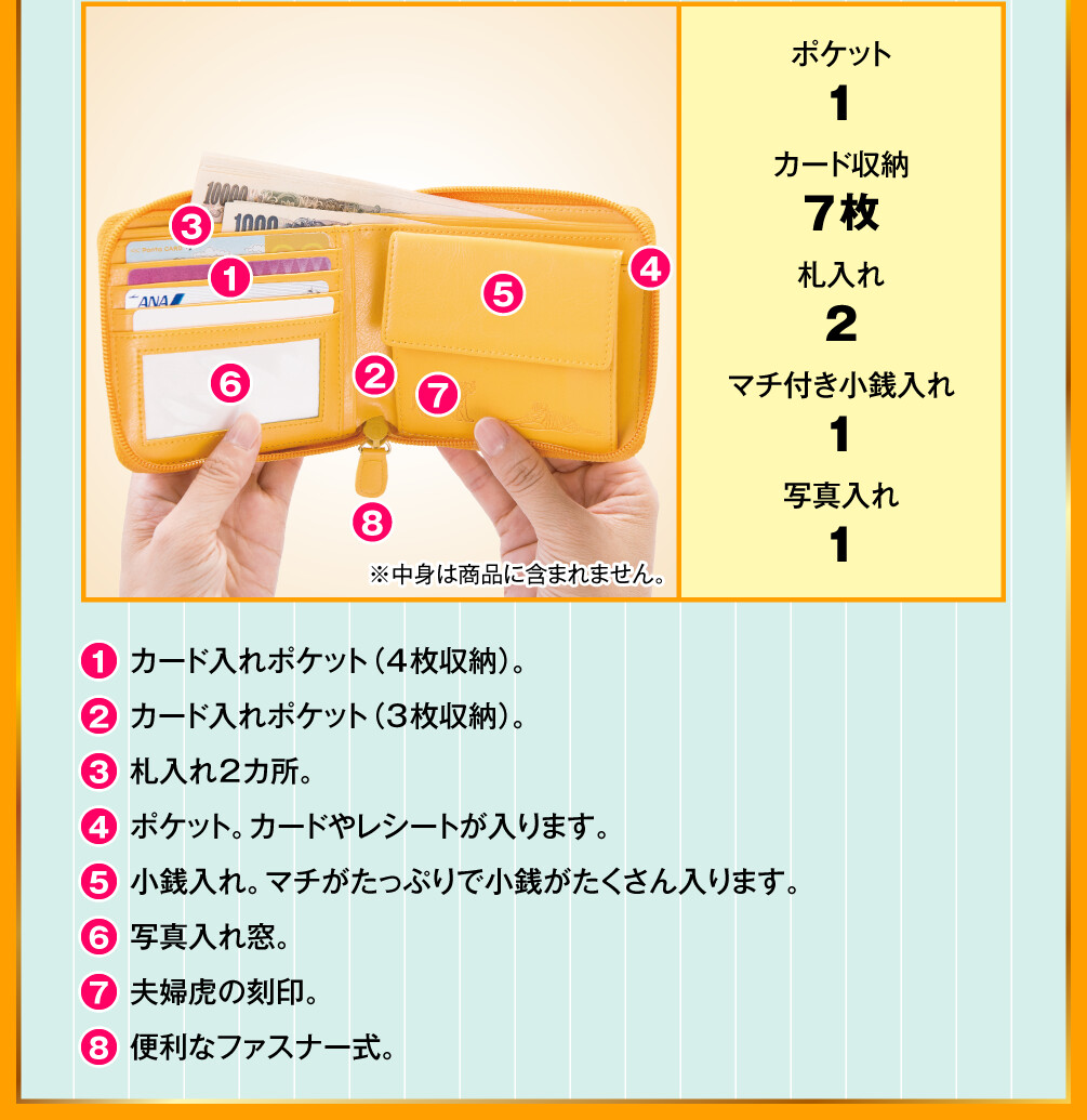 ポケット 1／カード収納 7枚／札入れ 2／マチ付き小銭入れ 1／写真入れ 1　1.カード入れポケット（4枚収納）。／2.カード入れポケット（3枚収納）。／3.札入れ2カ所。／4.ポケット。カードやレシートが入ります。／5.小銭入れ。マチがたっぷりで小銭がたくさん入ります。／6.写真入れ窓。／7.夫婦虎の刻印。／8.便利なファスナー式。