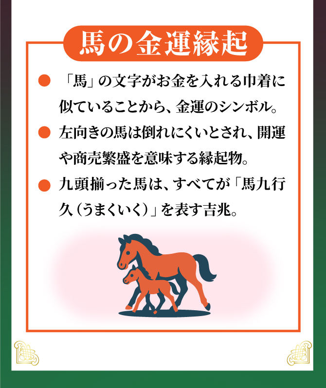 馬の金運縁起：「馬」の文字がお金を入れる巾着に似ていることから、金運のシンボル。左向きの馬は倒れにくいとされ、開運や商売繁盛を意味する縁起物。九頭揃った馬は、すべてが「馬九行久」を表す吉兆。