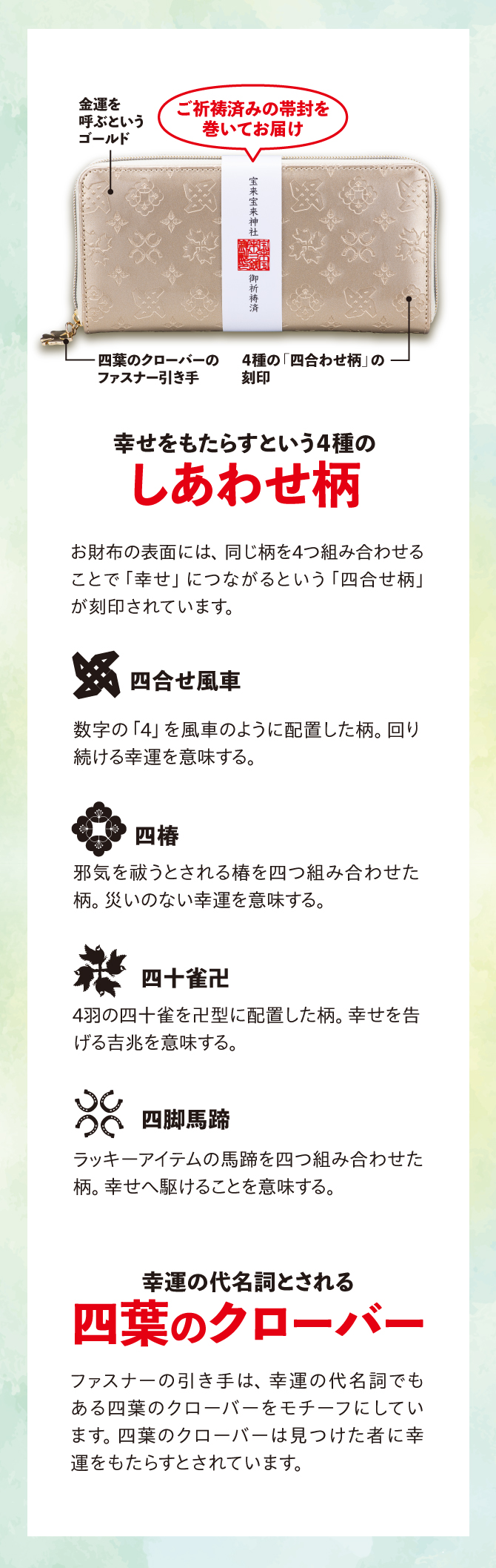 しあわせをもたらすという4種の「しあわせ柄」と幸運の代名詞とされる「四つ葉のクローバー」