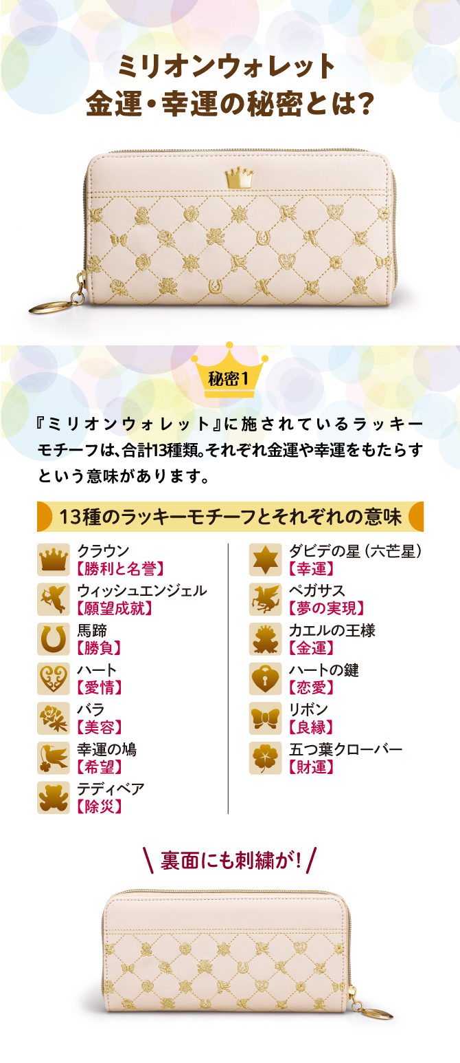 ミリオンウォレットに施されているラッキーモチーフは13種類。それぞれ金運・幸運をもたらす意味があります。