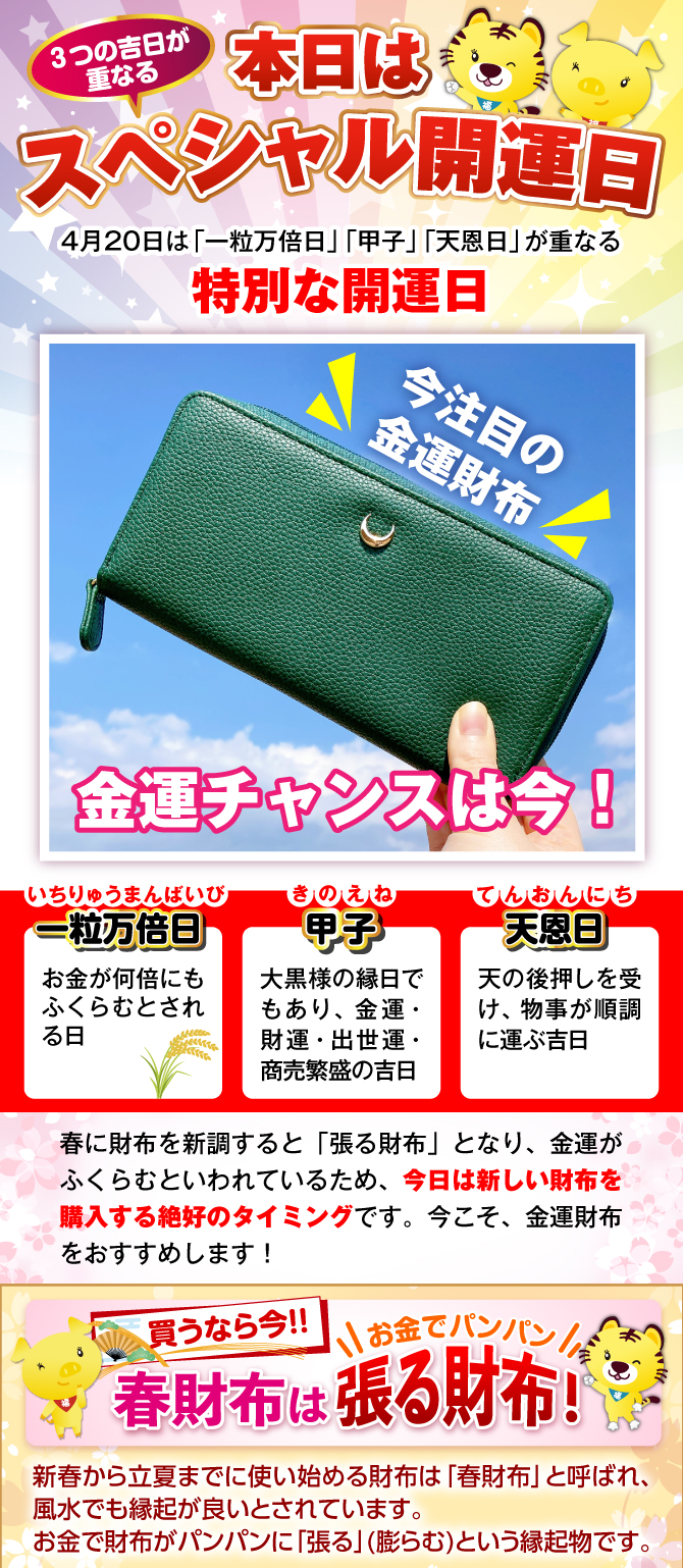 新春から立夏に使い始める財布は「春財布」と呼ばれ、お金でパンパンに張る財布になるとされている縁起物です。