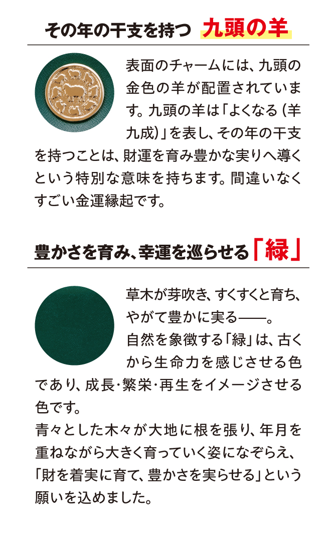 表面のチャームには九頭の羊が配置されています。九頭の羊は「よくなる（羊九成）」を表している金運縁起です。