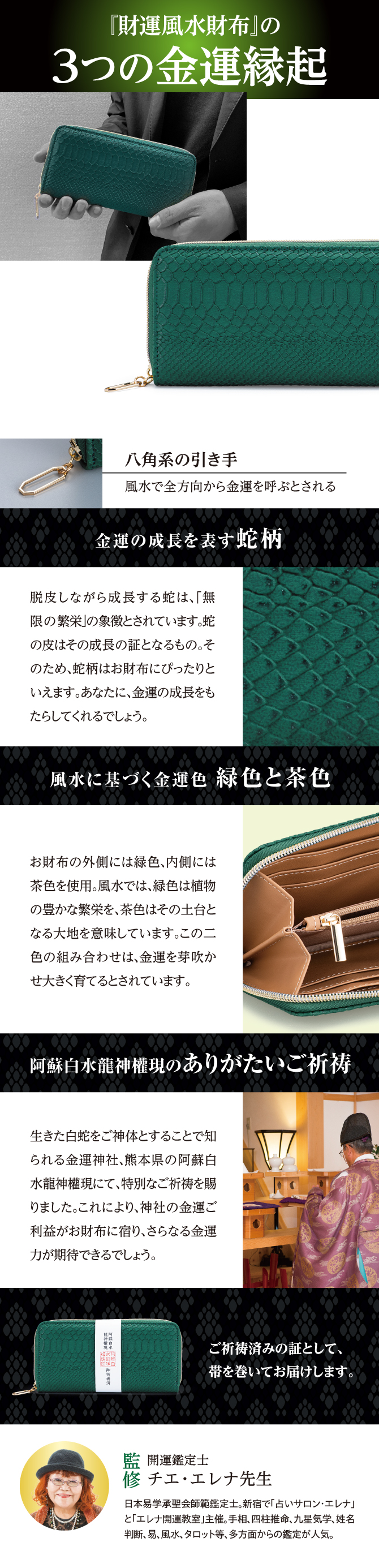 金運の成長を表す「蛇柄」、風水に基づく金運色「緑色と茶色」
