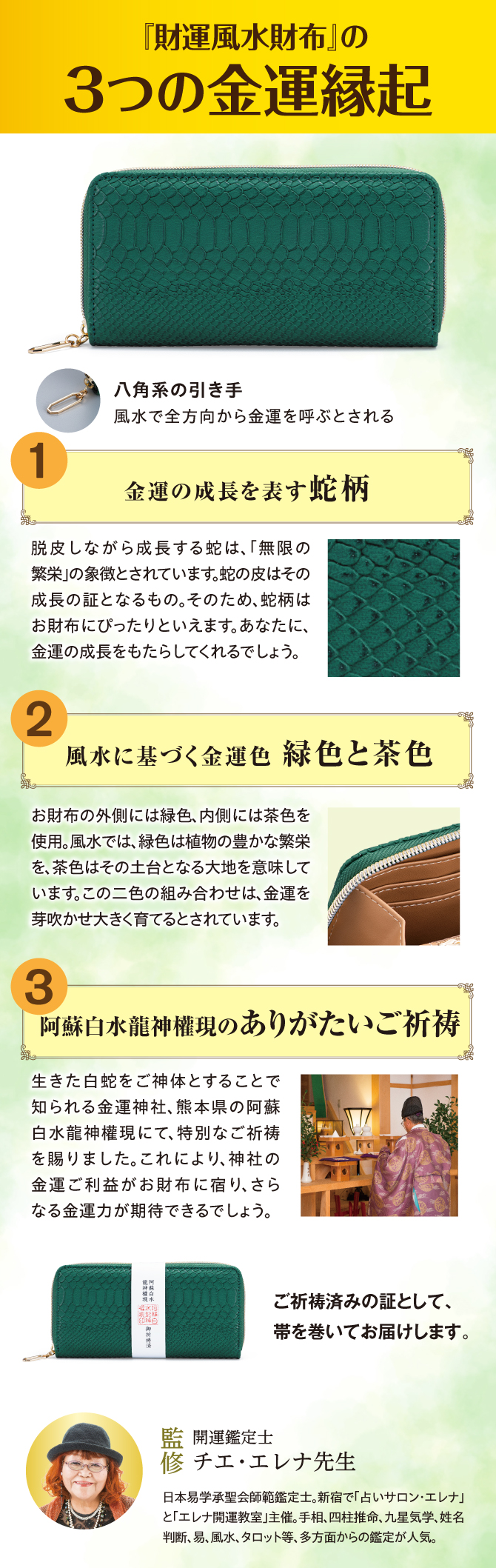 金運の成長を表す「蛇柄」、風水に基づく金運色「緑色と茶色」