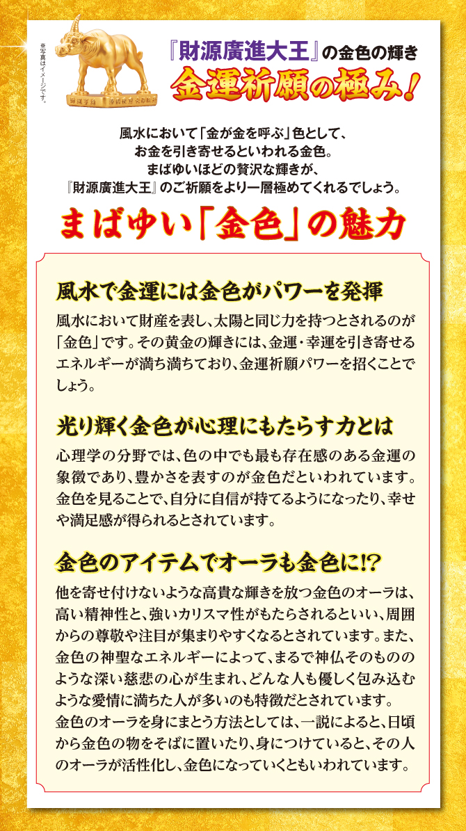 「財源廣進大王」の金色の輝き！金運祈願の極み！