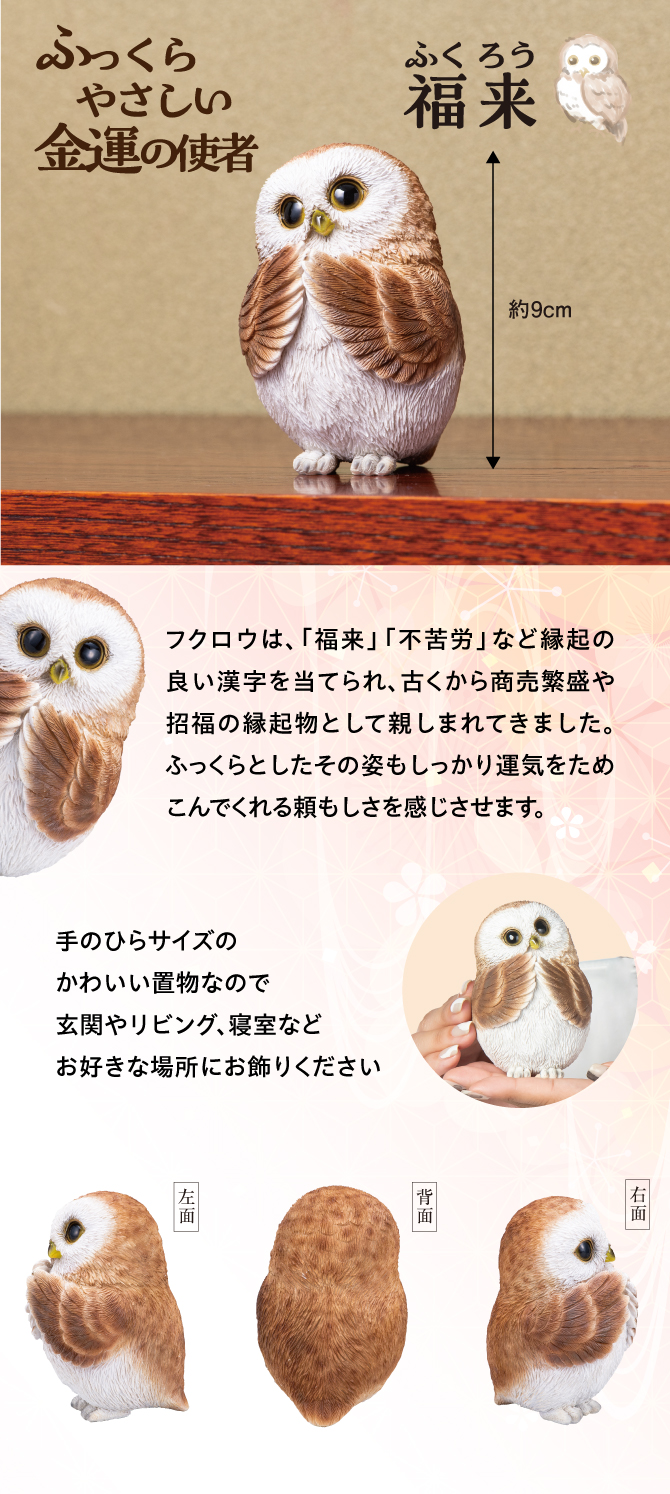 フクロウは「福来」「不苦労」など縁起の良い漢字が当てられ、古くから商売繁盛や招福の縁起物として親しまれてきました。