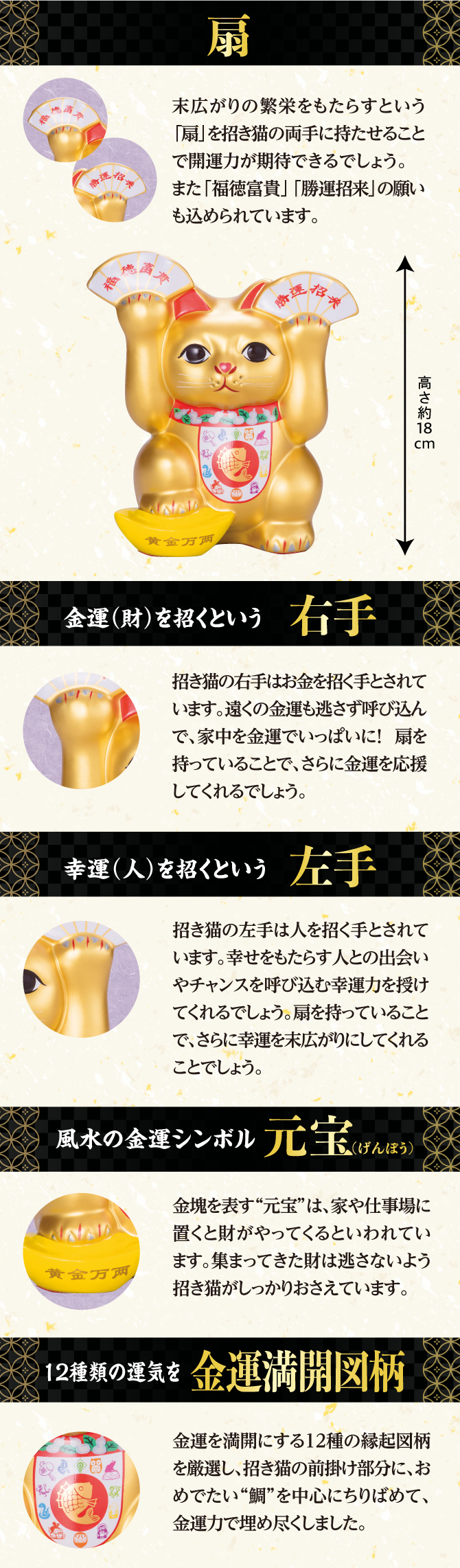 金運（財）を招く右手、幸運（人）を招く左手、風水最高の金運カラー金色、数々の願いを叶える二重叶結び