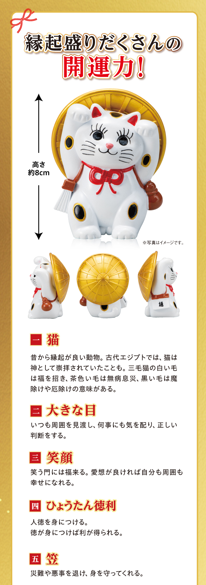 縁起盛りだくさんの開運力！猫、大きな目、笑顔、ひょうたん徳利、笠
