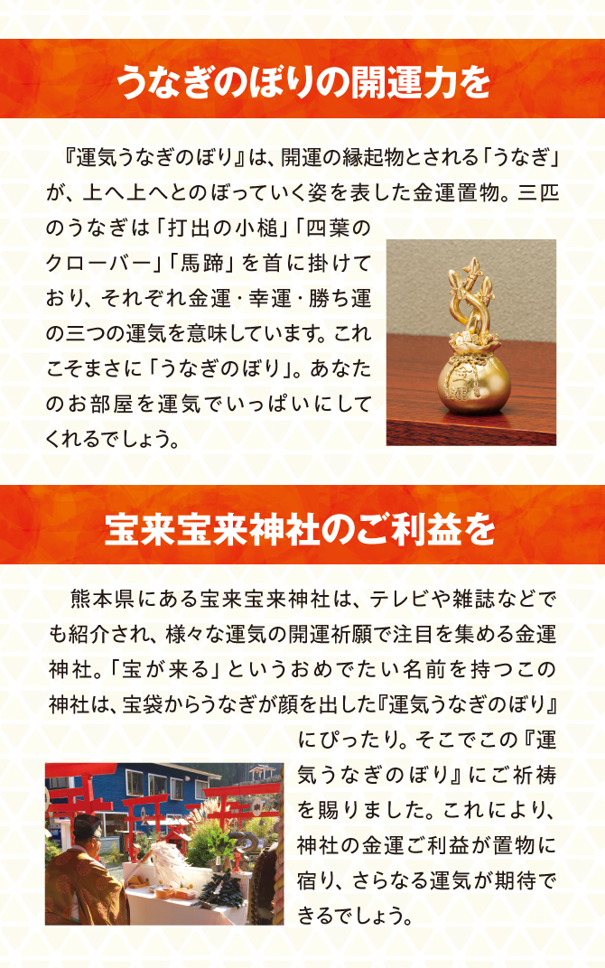 開運の縁起物とされる「うなぎ」が、上へ上へとのぼっていく姿を表した金運置物。宝来宝来神社にてご祈祷済み。