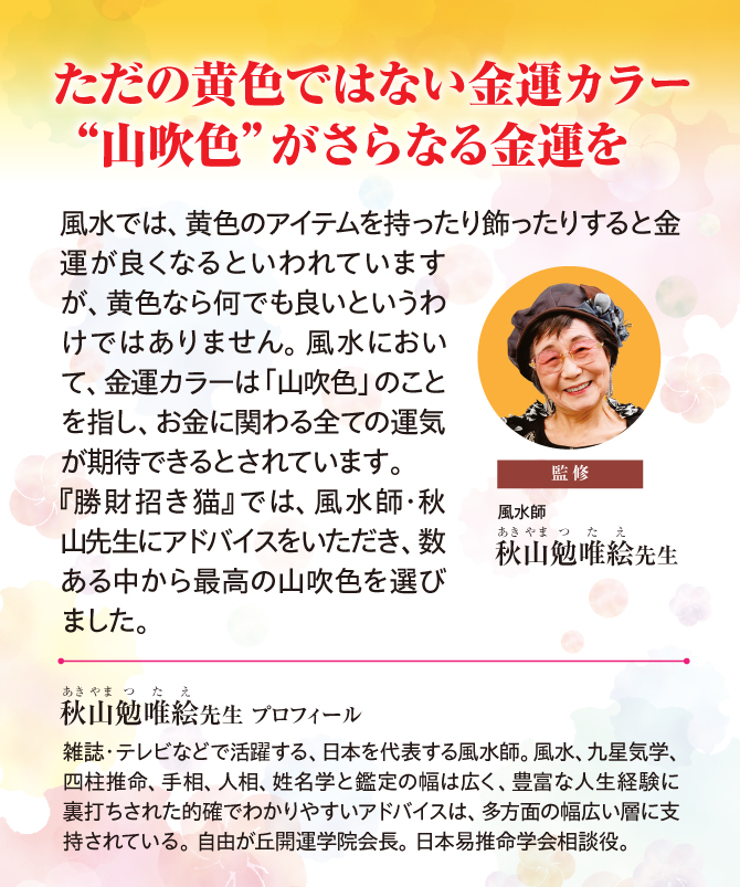ただの黄色ではない金運カラー“山吹色”がさらなる金運力を！監修：風水師秋山勉唯絵先生