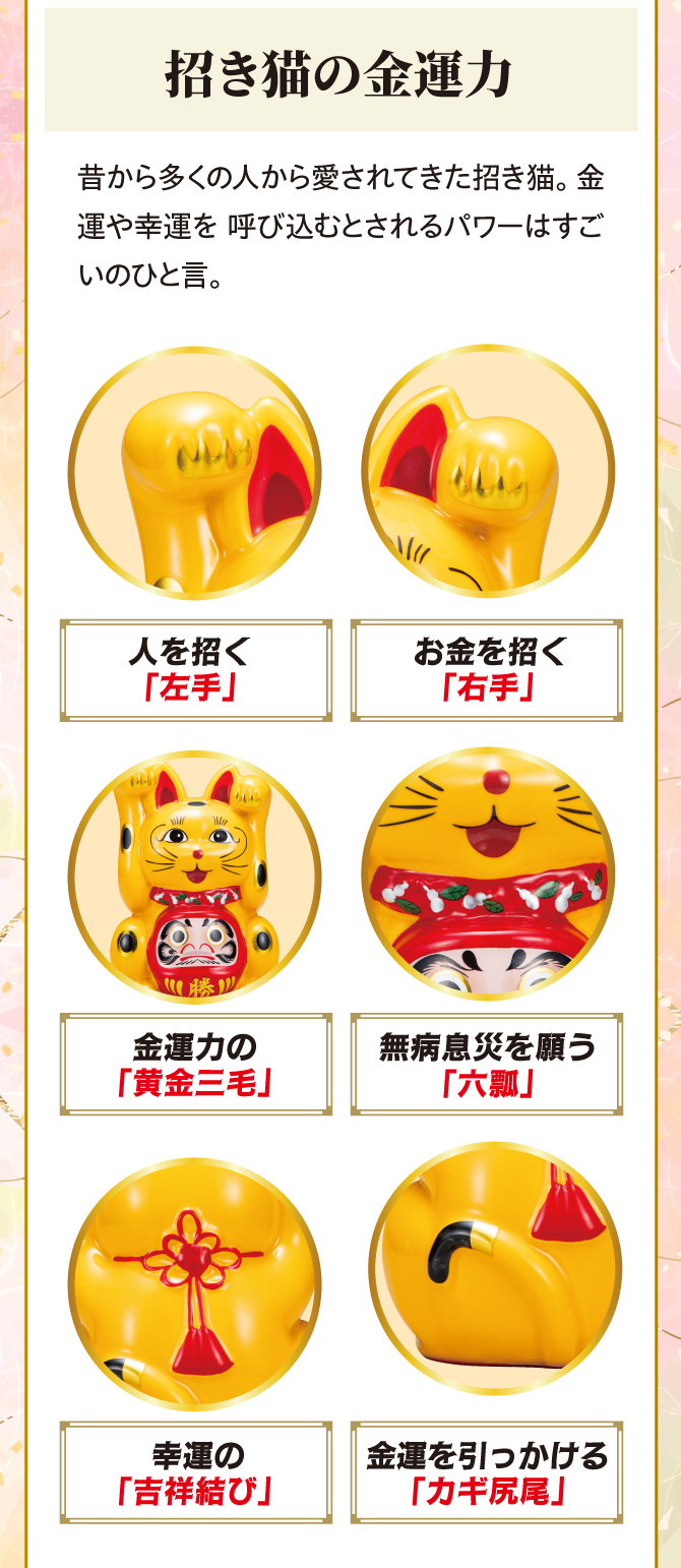 招き猫の金運力：昔から多くの人から愛されてきた招き猫。金運や幸運を呼び込むパワーはすごいのひとこと。