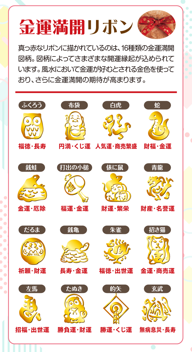 くまちゃんの真っ赤なリボンに描かれているのは16種の金運満開の縁起図柄