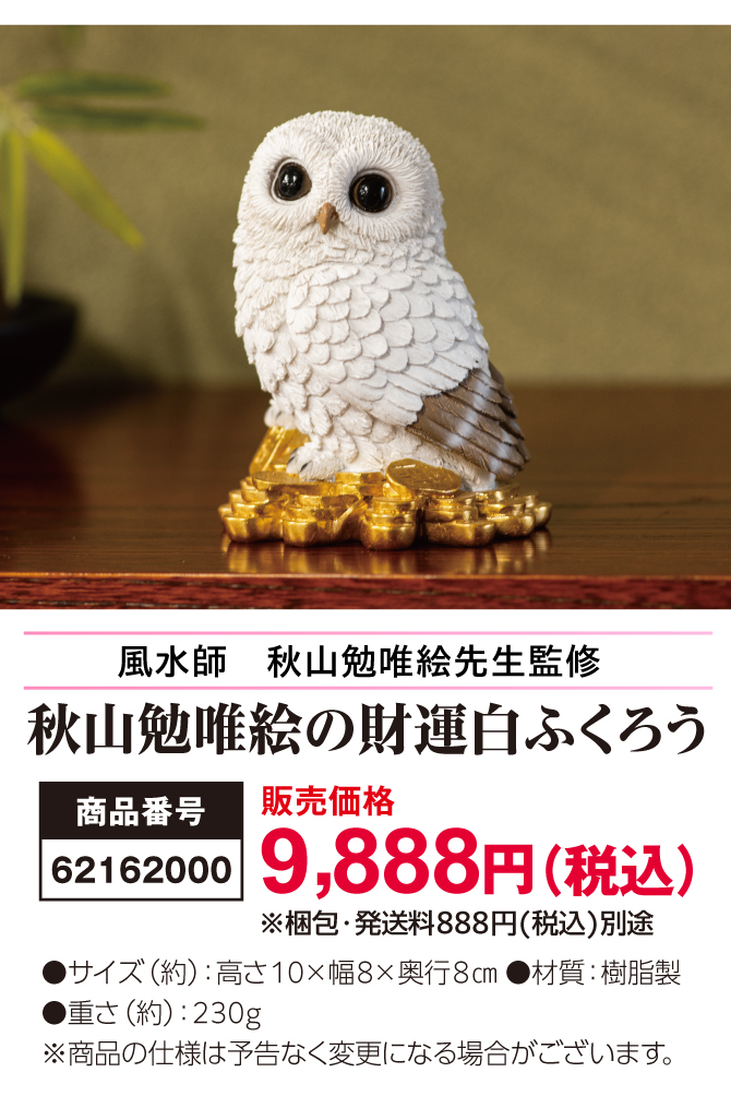 10月14日(水)までの限定販売！ざくざく小判にちょこんと白ふくろう。財運への願いを込めた可愛い開運インテリア『秋山勉唯絵の財運白ふくろう』