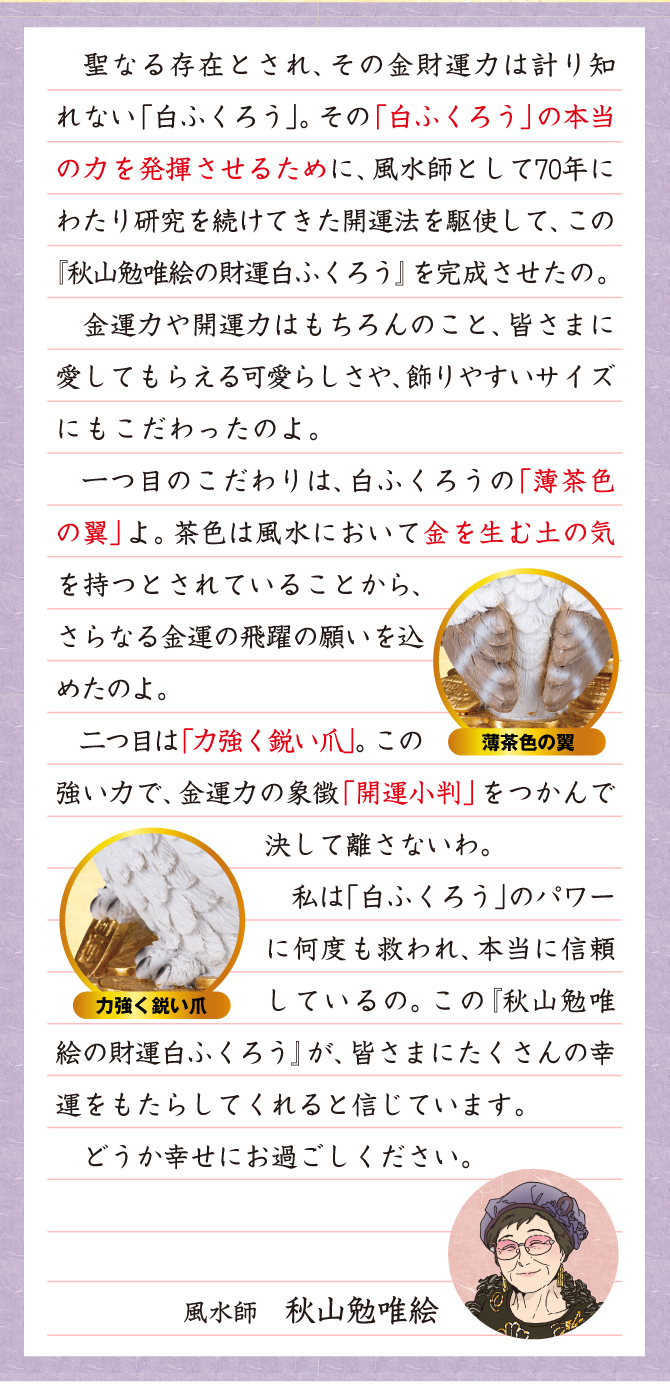 この白ふくろうが皆様に幸運をお届けすることを願っています。