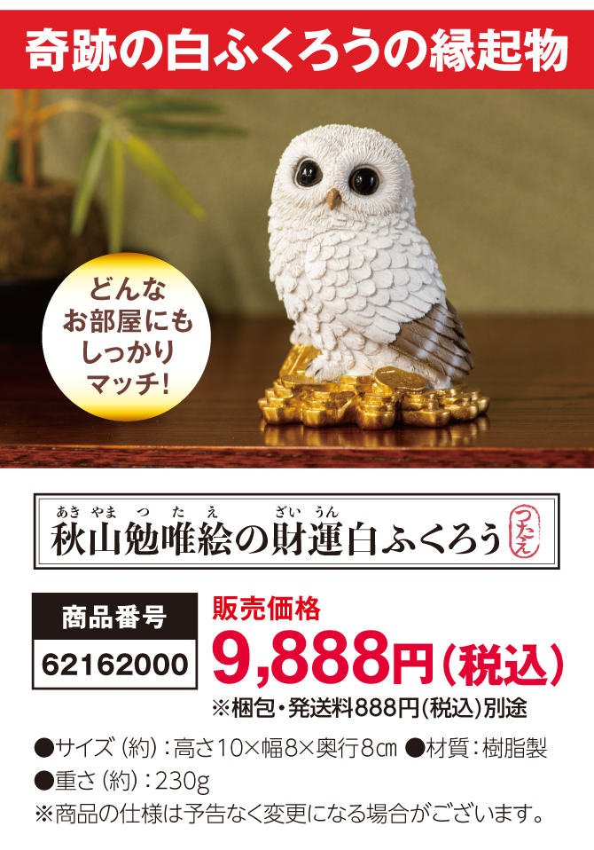 6月17日(火)までの限定販売！風水師秋山勉唯絵先生監修“初”の白ふくろうの金運置物『秋山勉唯絵の財運白ふくろう』