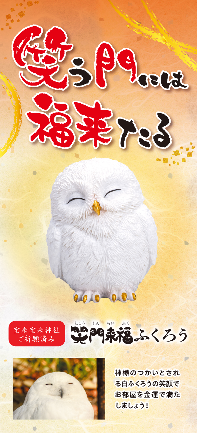 宝来宝来神社でご祈祷済み！神様のつかいとされる白フクロウ「笑門来福ふくろう」