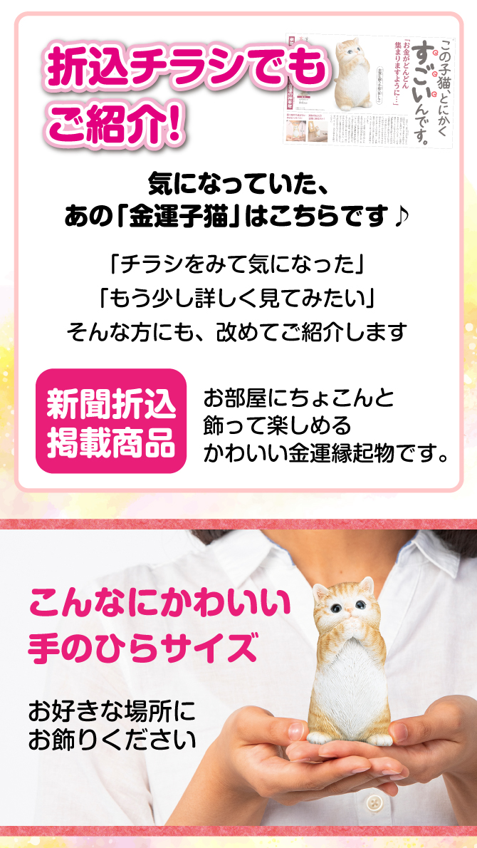 折込チラシでもご紹介。お部屋にちょこんと飾って楽しめる、かわいい金運縁起物です。かわいい手のひらサイズ。