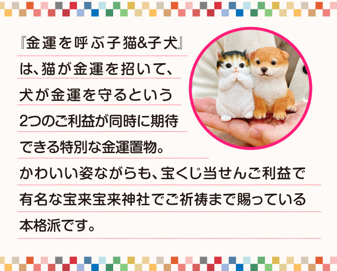 猫が金運を招いて、犬が金運を守るという2つのご利益が同時に期待できる特別な金運置物。