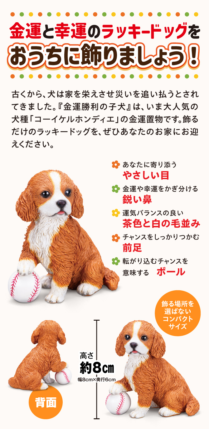 古くから犬は家を栄えさせ、災いを追い払うとされてきました。飾るだけのラッキードッグです。