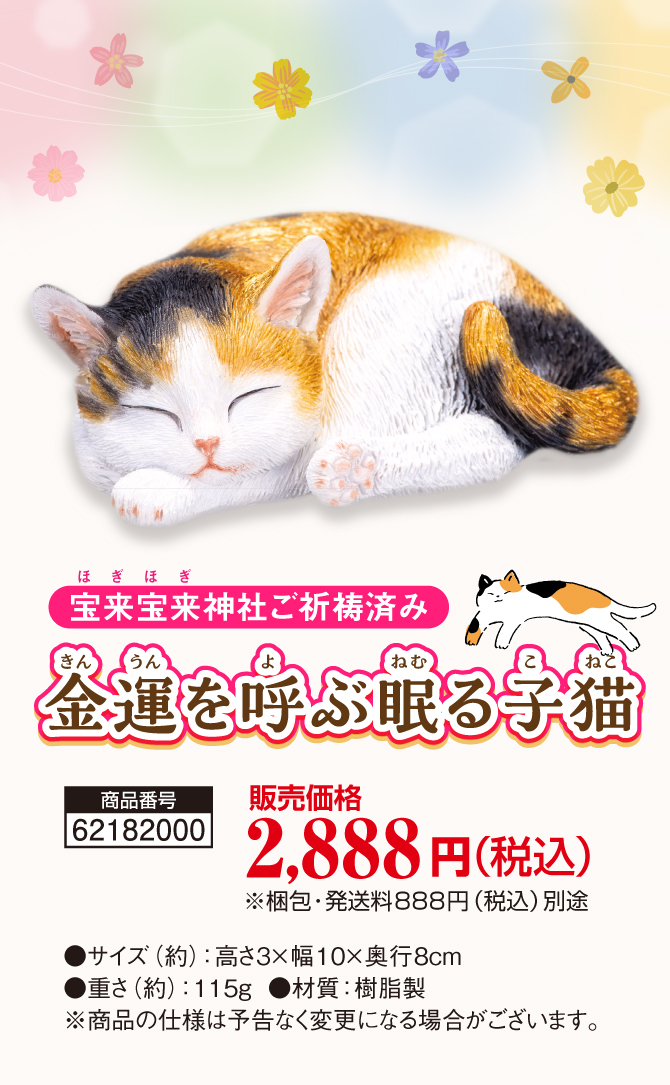 金運は寝て待つだけ！宝来宝来神社でご祈祷済み！かわいい子猫の金運置物「金運を呼ぶ眠る子猫」