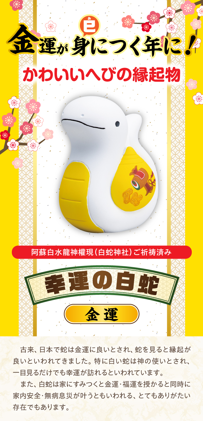 金運が身(巳)につく年に！かわいいへびの縁起物！阿蘇白水龍神權現でにてご祈祷済み！「幸運の白蛇（金運）」