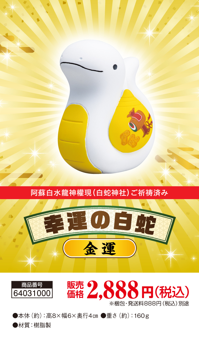 金運が身(巳)につく年に！かわいいへびの縁起物！阿蘇白水龍神權現でにてご祈祷済み！「幸運の白蛇（金運）」