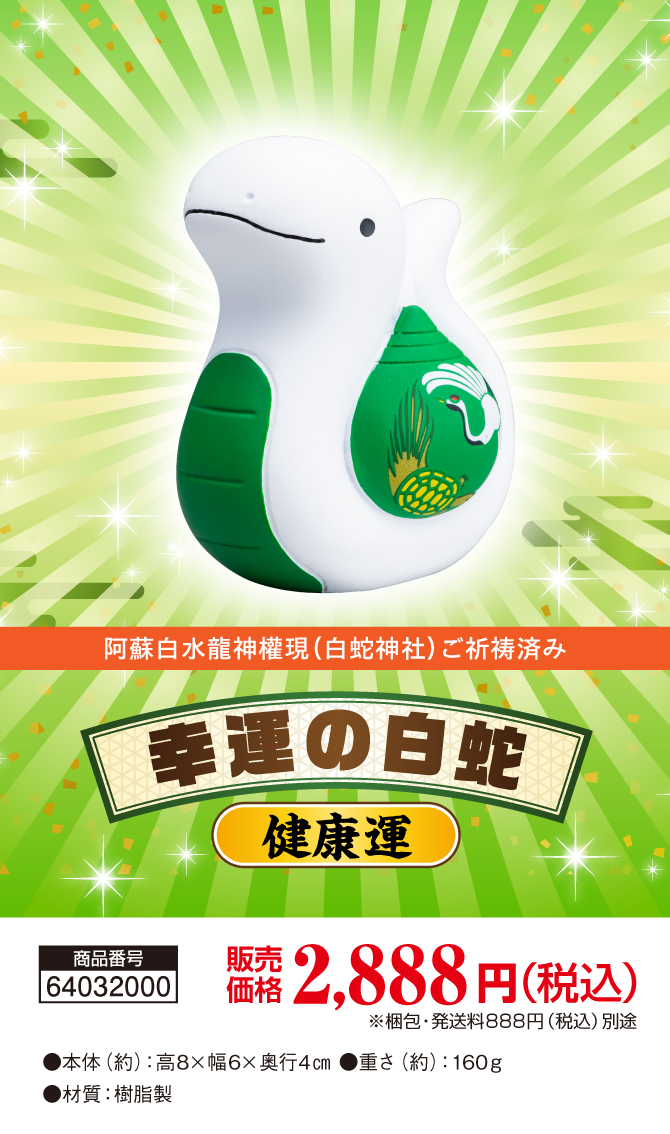 金運が身(巳)につく年に！かわいいへびの縁起物！阿蘇白水龍神權現でにてご祈祷済み！「幸運の白蛇（健康運）」