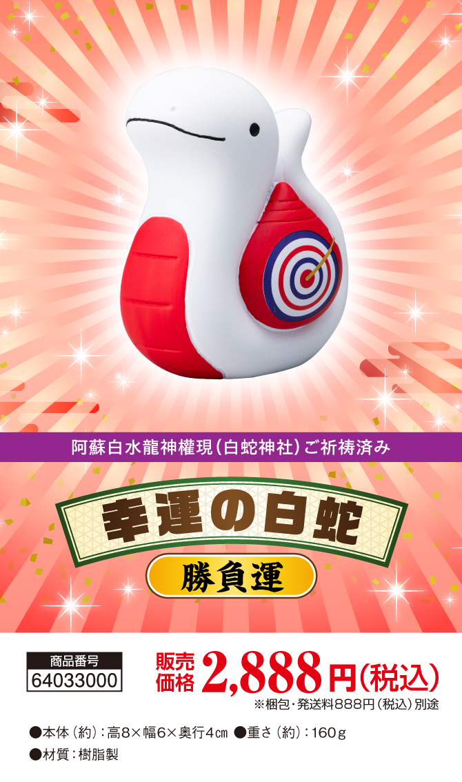 金運が身(巳)につく年に！かわいいへびの縁起物！阿蘇白水龍神權現でにてご祈祷済み！「幸運の白蛇（勝負運）」
