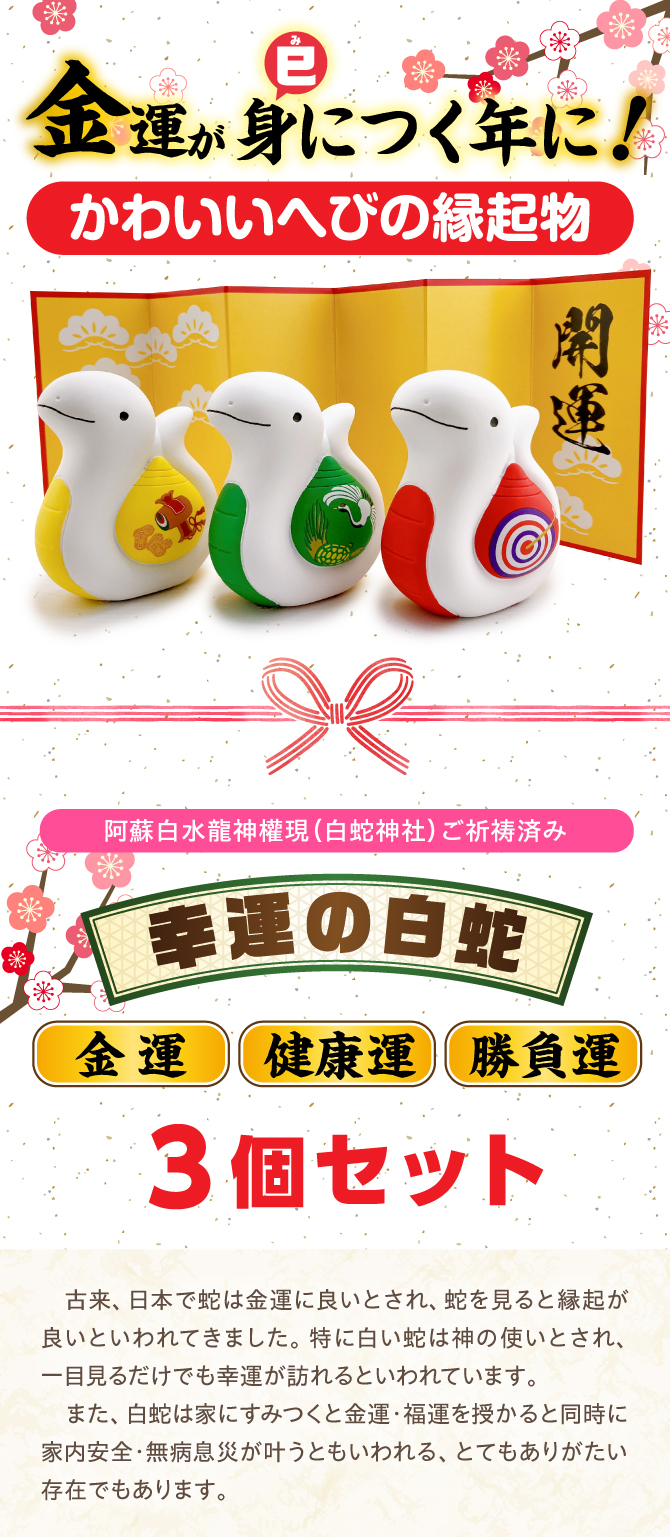 金運が身(巳)につく年に！かわいいへびの縁起物！阿蘇白水龍神權現でにてご祈祷済み！「幸運の白蛇3個セット（金運・健康運・勝負運）」