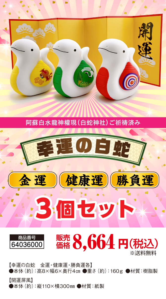 金運が身(巳)につく年に！かわいいへびの縁起物！阿蘇白水龍神權現でにてご祈祷済み！「幸運の白蛇3個セット（金運・健康運・勝負運）」