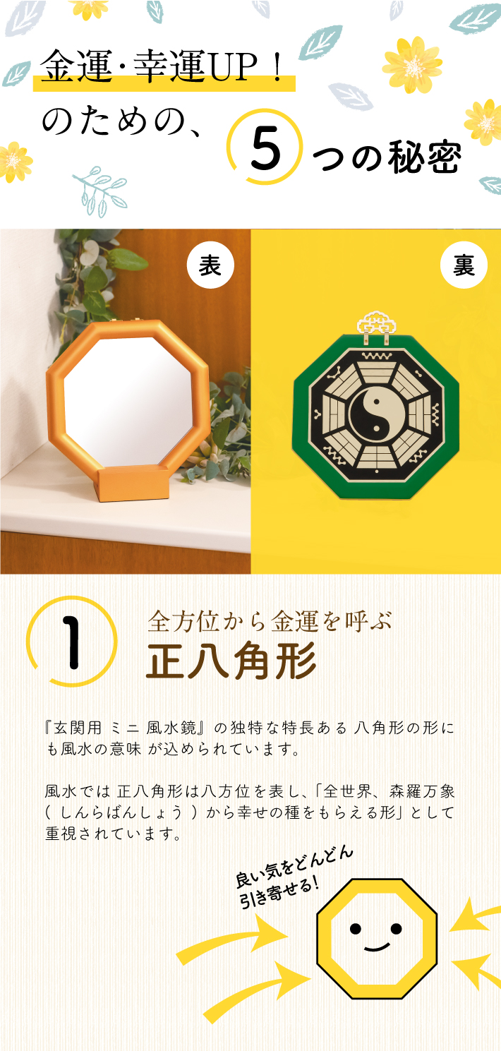 金運・幸運UPのための5つの秘密【正八角形】『玄関用ミニ風水鏡』の独特な特長ある八角形の形にも風水の意味が込められています。風水では正八角形は八方位を表し、「全世界、森羅万象(しんらばんしょう)から幸せの種をもらえる形」として重視されています。