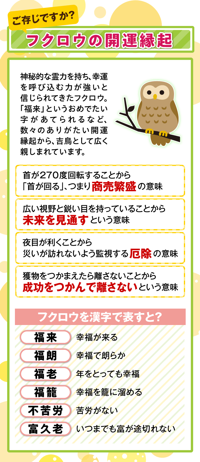 【ご存じですか？フクロウの開運縁起】神秘的な霊力を持ち、幸運を呼び込む力が強いと信じられてきたフクロウ。「福来」というおめでたい字があてられるなど、数々のありがたい開運縁起から、吉鳥として広く親しまれています。首が270度回転することから「首が回る」、つまり「商売繁盛」の意味／広い視野と鋭い目を持っていることから「未来を見通す」という意味／夜目が利くことから災いが訪れないよう監視する「厄除」の意味／獲物をつかまえたら離さないことから「成功をつかんで離さない」という意味。【フクロウを漢字で表すと？】「福来」幸福が来る／「福朗」幸福で朗らか／「福老」年をとっても幸福／「福籠」幸福を籠に溜める／「不苦労」苦労がない／「富久老」いつまでも富が途切れない