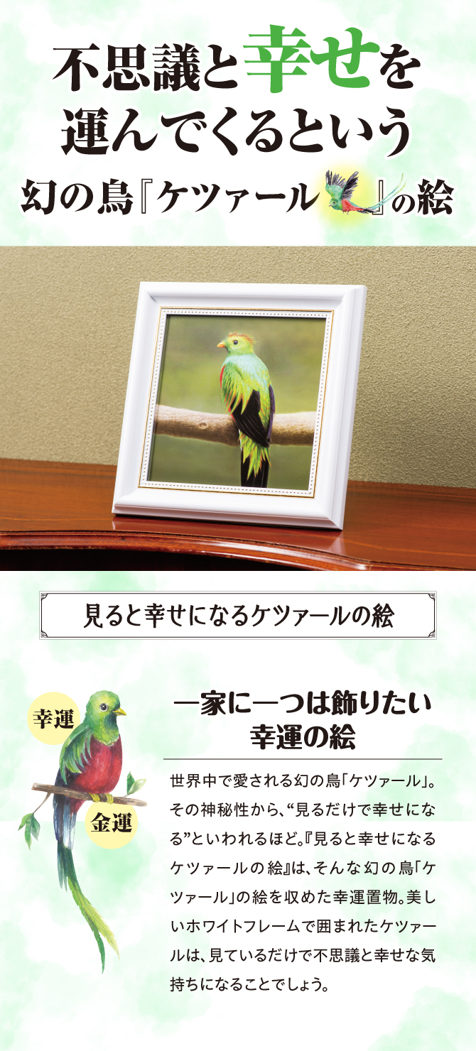 不思議と幸せを運んでくるという幻の鳥『ケツァール』の絵「見ると幸せになるケツァールの絵」