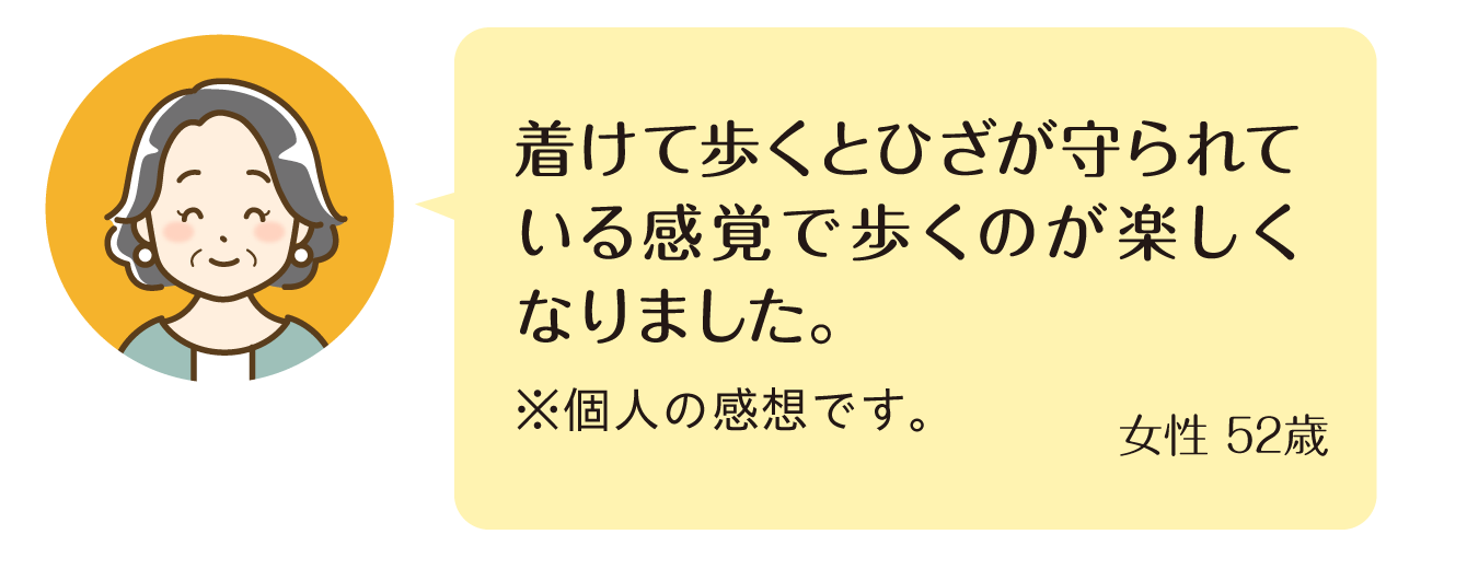 着けて歩くとひざが守られている感覚で歩くのが楽しくなりました。（女性 52歳）※個人の感想です。