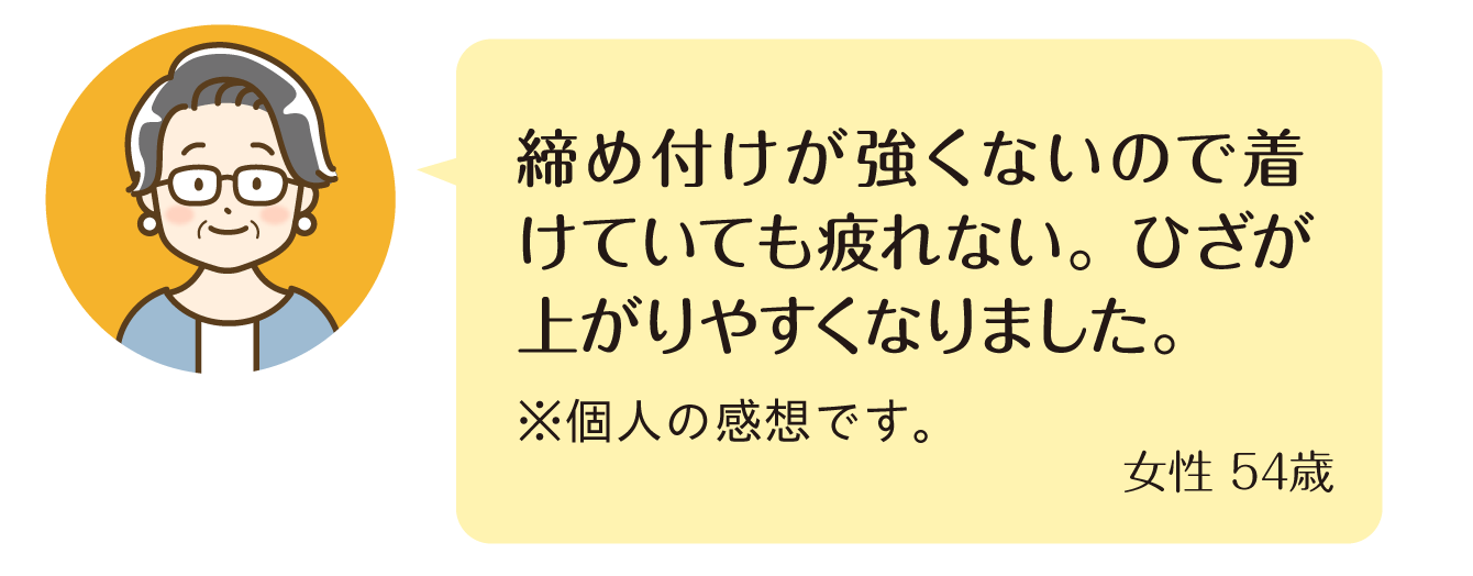 締め付けが強くないので着けていても疲れない。ひざが上がりやすくなりました。（女性 54歳）※個人の感想です。