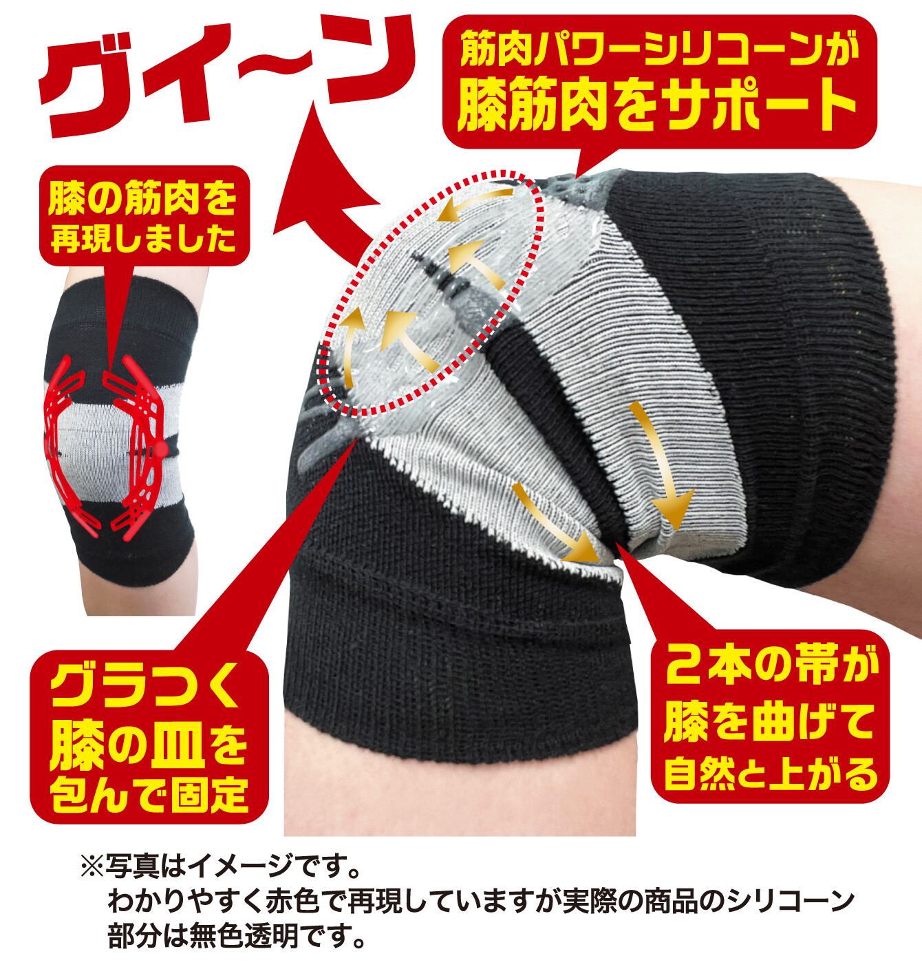 筋肉パワーシリコーンが膝筋肉をサポート／膝の筋肉を再現しました／グラつく膝の皿を包んで固定／２本の帯が膝を曲げて自然と上がる（※写真はイメージです。わかりやすく赤色で再現していますが実際の商品のシリコーン部分は無色透明です。）