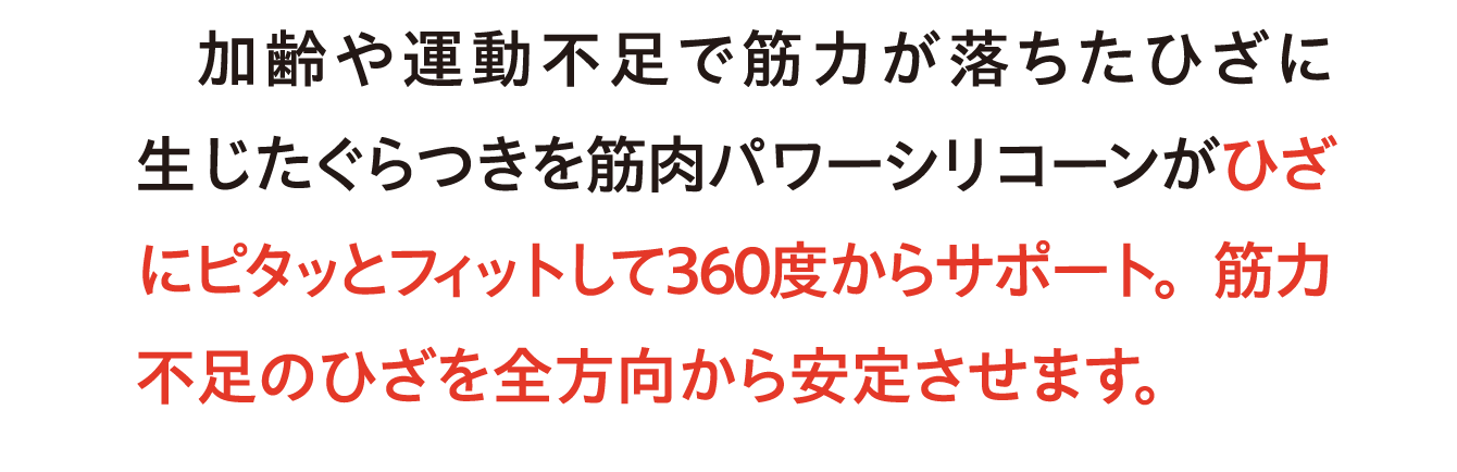 加齢や運動不足で筋力が落ちたひざに生じたぐらつきを筋肉パワーシリコーンがひざにピタッとフィットして３６０度からサポート。筋力不足のひざを全方向から安定させます。