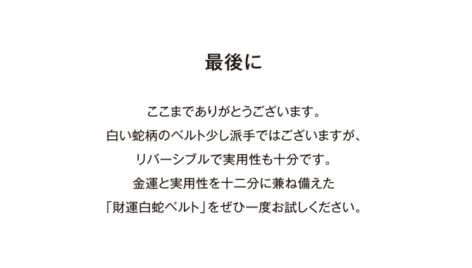 最後に　ここまでありがとうございます。白い蛇柄のベルト少し派手ではございますが、リバーシブルで実用性も十分です。