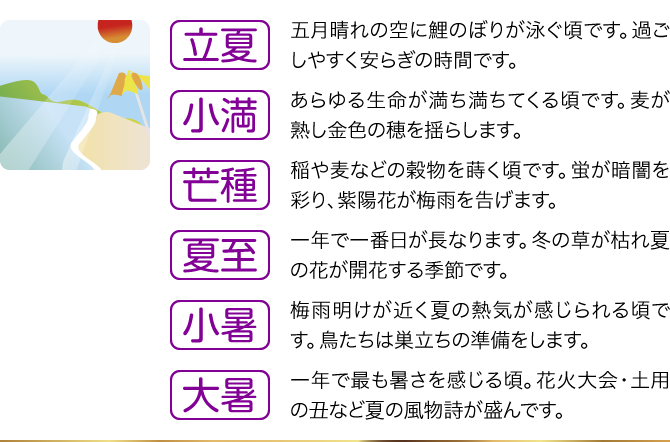 【立夏】五月晴れの空に鯉のぼりが泳ぐ頃です。過ごしやすく安らぎの時間です。／【小満】あらゆる生命が満ち満ちてくる頃です。麦が熟し金色の穂を揺らします。／【芒種】稲や麦などの穀物を蒔く頃です。蛍が暗闇を彩り、紫陽花が梅雨を告げます。／【夏至】一年で一番日が長なります。冬の草が枯れ夏の花が開花する季節です。／【小暑】梅雨明けが近く夏の熱気が感じられる頃です。鳥たちは巣立ちの準備をします。／【大暑】一年で最も暑さを感じる頃。花火大会・土用の丑など夏の風物詩が盛んです。